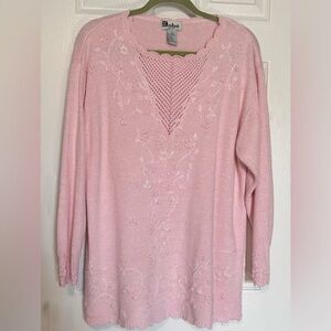 VTG Kobe Sweater 2X Pink Embroidered Beaded Ramie Blend Scalloped Hem Boho Plus